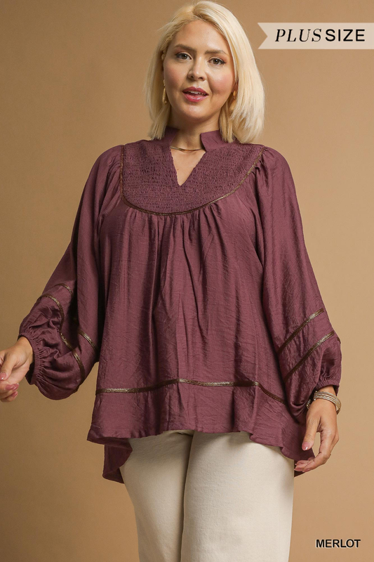 Curvy Bayle Metallic Trim Detail Top - Maroon