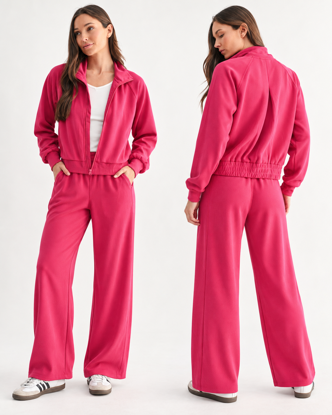 The Plum Pink Ribbed Lounge Set | Zip Jacket & Wide Leg Pants Set