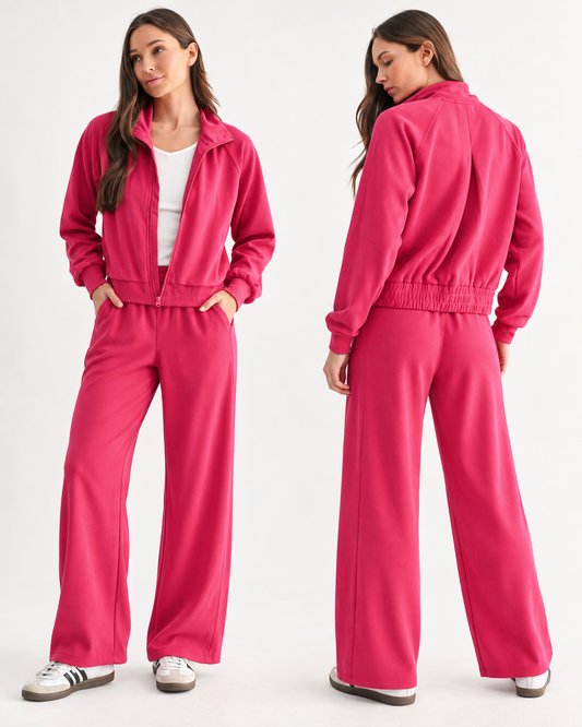 The Plum Pink Ribbed Lounge Set | Zip Jacket & Wide Leg Pants Set
